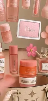 Chic pink aesthetic mobile wallpaper with beauty products and luxury decor.