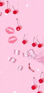 Pink aesthetic wallpaper with cherries, ice cubes, and a cocktail glass.