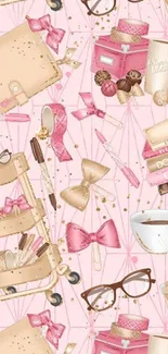 Chic pink aesthetic wallpaper with elegant elements and coffee cups.