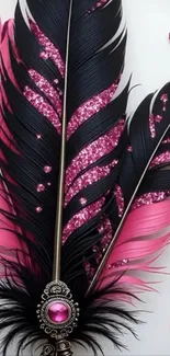 Elegant pink and black feather design with glitter hearts.