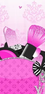 Pink beauty wallpaper with cosmetics and elegant patterns.