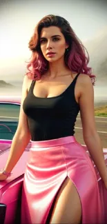 Fashionable woman with pink car on scenic road.