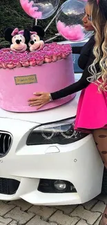 Chic pink-themed phone wallpaper with car and fashion.