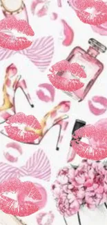 Stylish pink fashion wallpaper with lipstick and heels design.