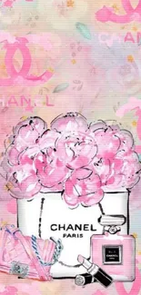 Pink floral Chanel themed mobile wallpaper.