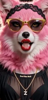 Chic pink fox wearing sunglasses with stylish accessories.