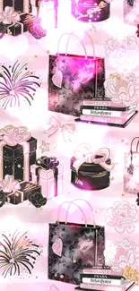 Pink and black chic wallpaper with gifts and flowers