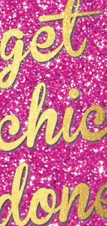 Pink glitter wallpaper with chic gold text.