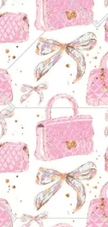 Pink handbags wallpaper with gold chains and pastel bows.