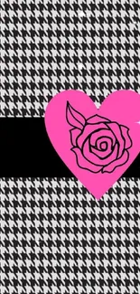 Mobile wallpaper with pink heart and rose on houndstooth pattern.