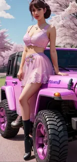 Woman in pink with Jeep amidst cherry blossoms.