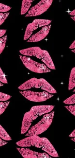 Bold pink lips pattern on black background wallpaper.