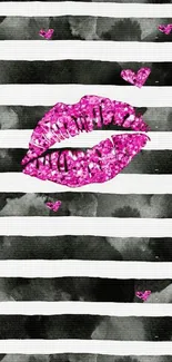 Chic wallpaper with pink lips and bold black stripes design.