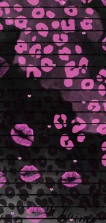 Pink lips and leopard print wallpaper with black background.