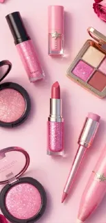 Pink makeup set with lipstick, blush, and eyeshadow.