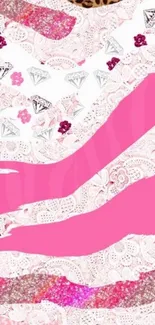 Chic pink pattern wallpaper with lace and leopard design.