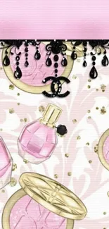 Chic pink perfume bottles wallpaper with floral decor.