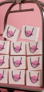 A display of chic pink shopping bags on a stylish rack.