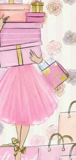 Chic pink shopping illustration with gift boxes.