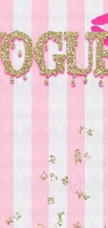 Chic pink striped wallpaper with gold accents.