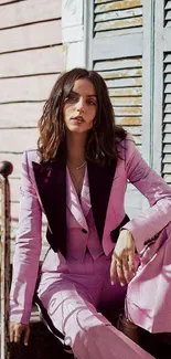 Woman in a stylish pink suit sits gracefully against a rustic background.