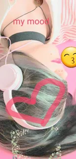 Stylish pink wallpaper with headphones and a playful emoji.