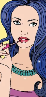 Pop art woman with blue hair applying lipstick.