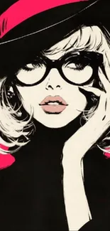 Pop art illustration of a stylish woman with glasses, hat, and bold colors.