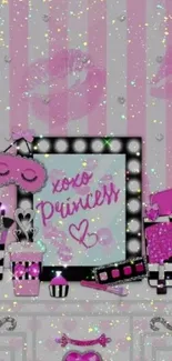 Chic princess glamour wallpaper with pink glitter and beauty accessories.