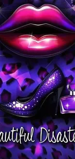 Purple themed wallpaper with glossy lips and high heels.
