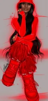 Chic illustration of a woman in a striking red outfit, futuristic and stylish.