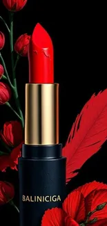 Bold red lipstick with gold accents and vibrant red flowers.