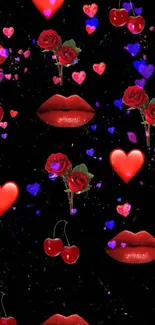 Chic red roses, lips, hearts, and cherries on a black background wallpaper.