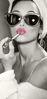 Chic woman applying lipstick in retro style image.