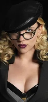 Retro styled woman with glasses and a hat on a black background.