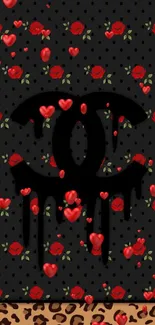 Black wallpaper with red roses and leopard print.