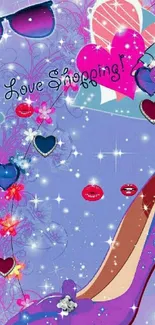 Chic purple wallpaper with high heel, hearts, and shopping theme.