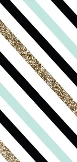 Black, mint, and gold glitter striped wallpaper.