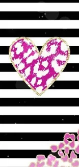 Striped wallpaper with pink heart and gold accents.