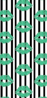 Bold green lips on chic striped background mobile wallpaper.