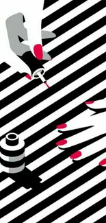 Graphic wallpaper with red nails over black and white stripes.