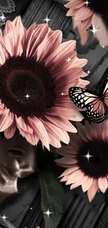 Chic sunflower and butterfly mobile wallpaper in pink hues.