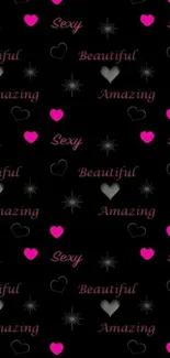 Chic text pattern wallpaper with hearts in pink and gray on black background.