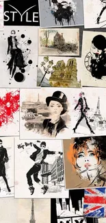 Chic urban collage wallpaper with art and fashion elements.