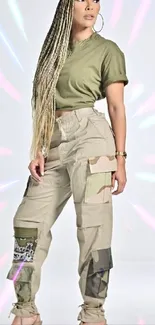 Trendy woman wearing olive green tee and cargo pants.