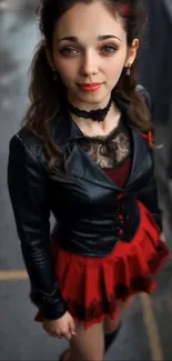 Stylish woman in leather and red skirt on city street.