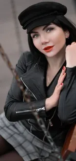 Stylish woman in black leather jacket sitting on a swing with a chic urban backdrop.