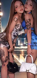 Two fashionable women with tattoos in a cityscape at night.