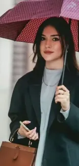 Stylish woman with umbrella and handbag on a rainy city street.