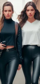 Two women walking in stylish city outfits on an urban street.